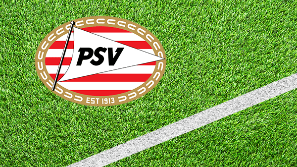 Logo voetbalclub Eindhoven - PSV - Eindhovense Voetbalvereniging Philips Sport Vereniging - in kleur op grasveld met witte lijn - 600 * 337 pixels